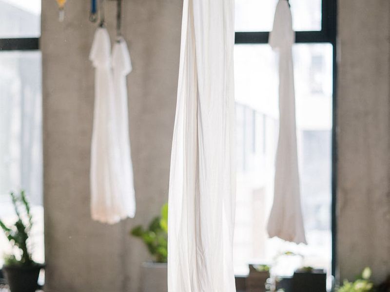 Minimalist yoga studio with big windows and plants